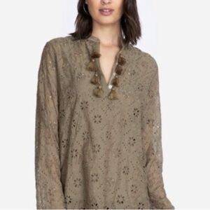 Johnny Was Vidya Tassel Eyelet Boho Shirt in Olive Khaki Size Medium